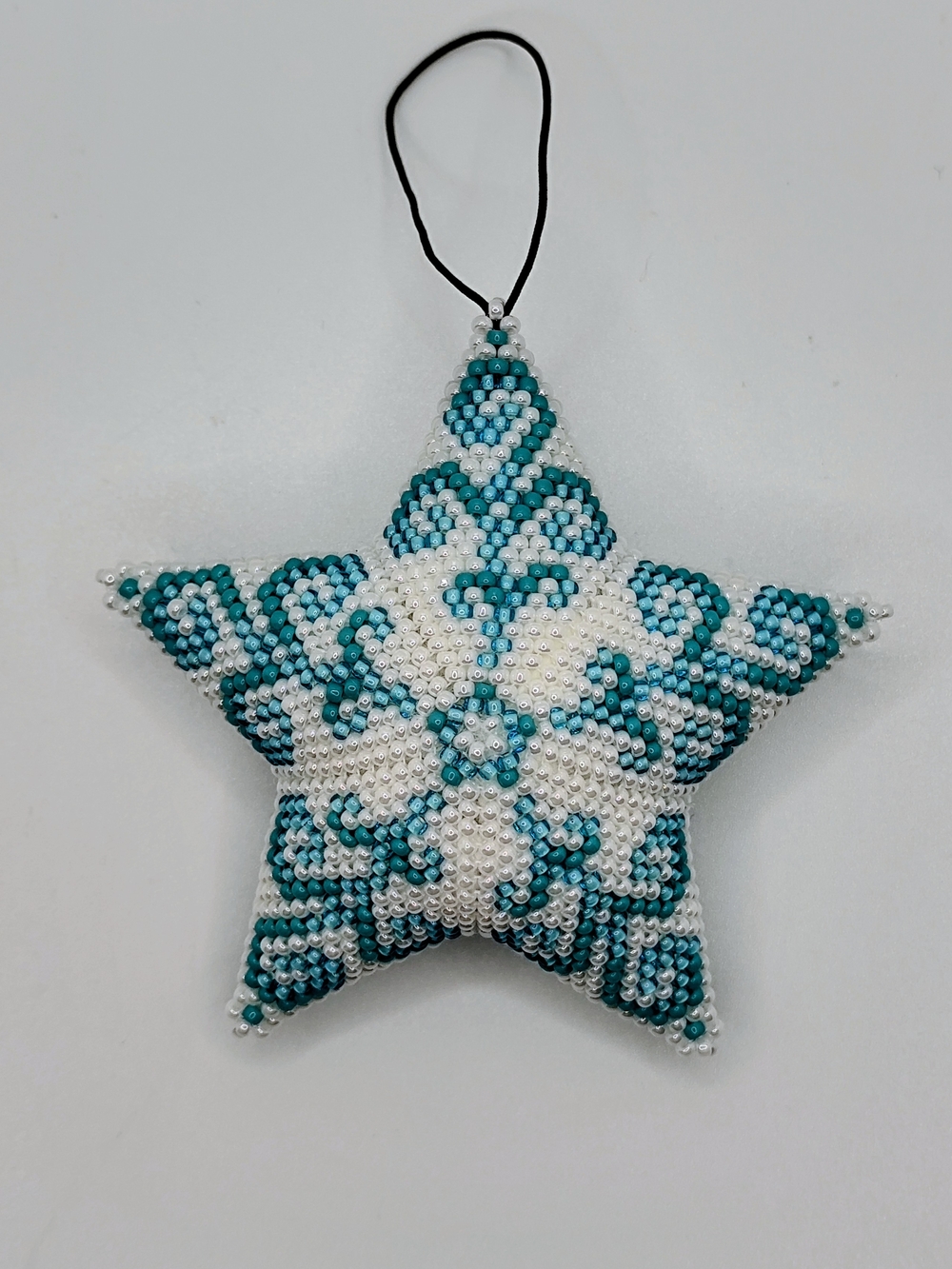 Beaded Star Ornament in White & Teal - Handcrafted Holiday Accent